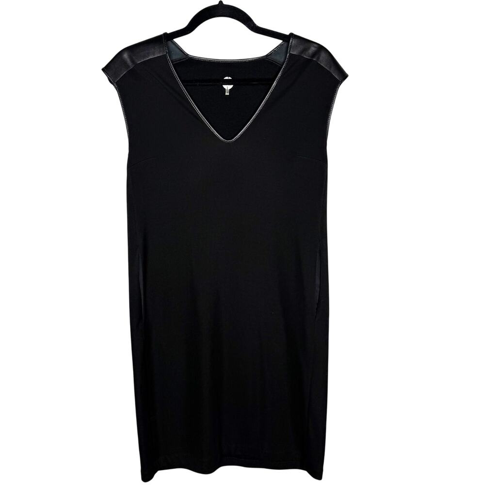 IAN R.N. Womens Small S Black Leather Shoulder V Neck Short Sleeve Dress Pockets